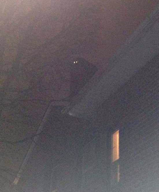 Загадочная фигура со светящимися глазами на крыше дома
