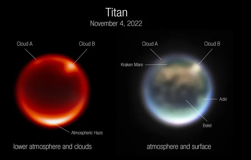 Телескоп Джеймс Уэбб запечатлел облака и море на спутнике Сатурна Титане