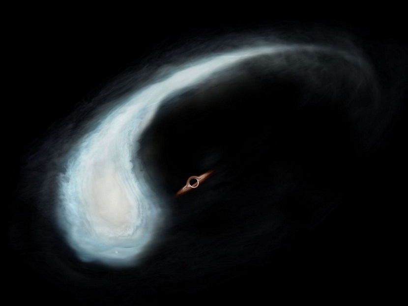 Облако газа в форме головастика вращается вокруг черной дыры